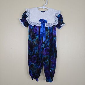 Vintage velvet floral jumpsuit with lace collar & bow size 18m